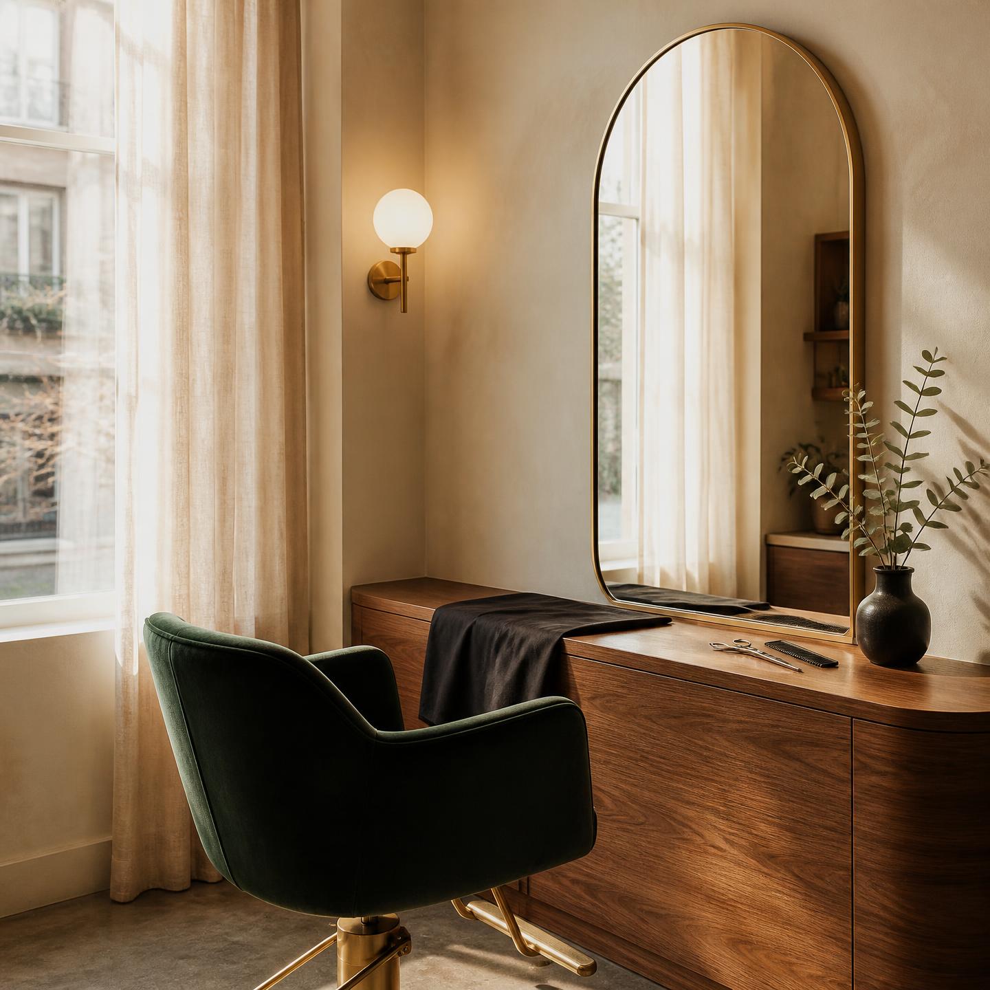 A quiet styling station in a bright Vancouver salon: arched brass mirror, walnut counter and a deep green chair